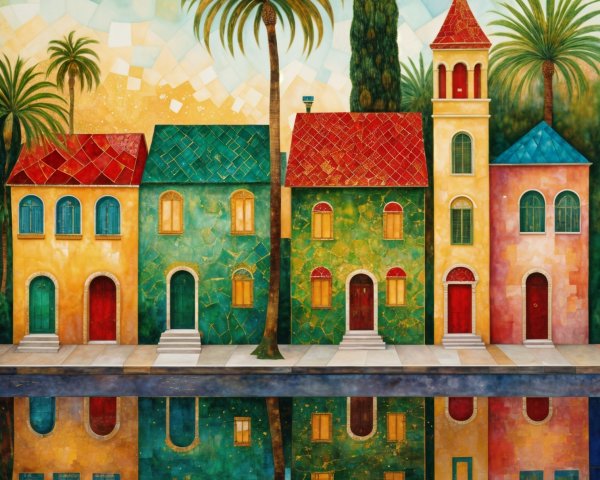Colorful Street Scene with Whimsical Houses and Palm Trees