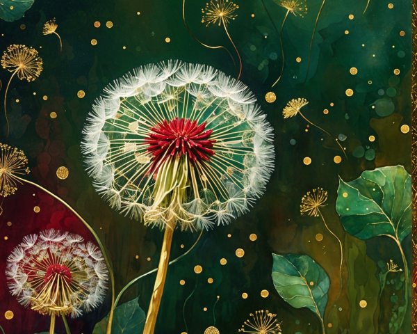 Vibrant Dandelions with Fluffy Seed Heads and Greenery