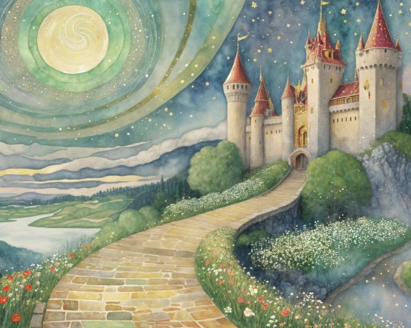 Whimsical Castle Scene with Vibrant Landscape Elements