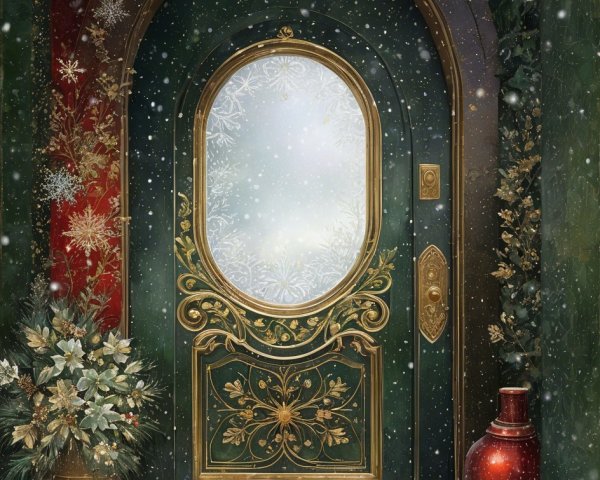 Ornate Green Door in a Winter Scene with Snowflakes