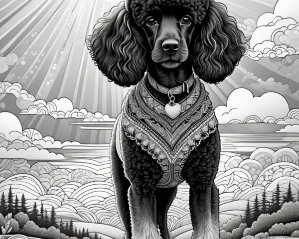 Stylized Black Poodle with Decorative Harness in Landscape