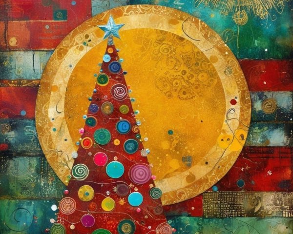 Vibrant Christmas Scene with Colorful Tree and Moon