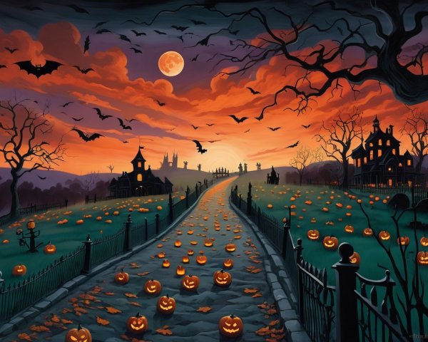 Spooky Dusk Landscape with Jack-o'-Lanterns and Bats