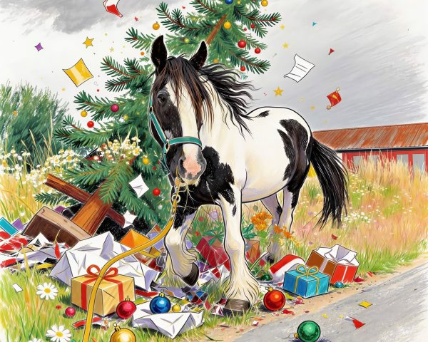 Digital Painting of Horse by Christmas Tree Scene