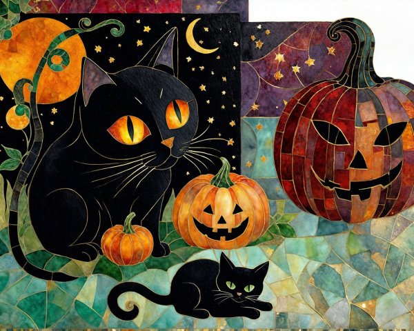 Whimsical Halloween Scene with Black Cat and Pumpkins