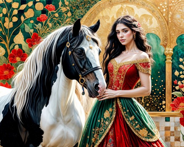 Elegant Woman with Black and White Horse in Floral Setting