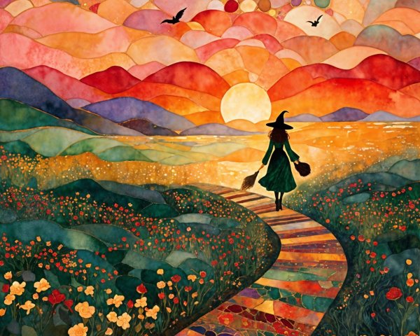 Whimsical Landscape with Sunset and Witch Silhouette