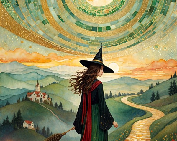 Young witch on a path with broomstick at sunset