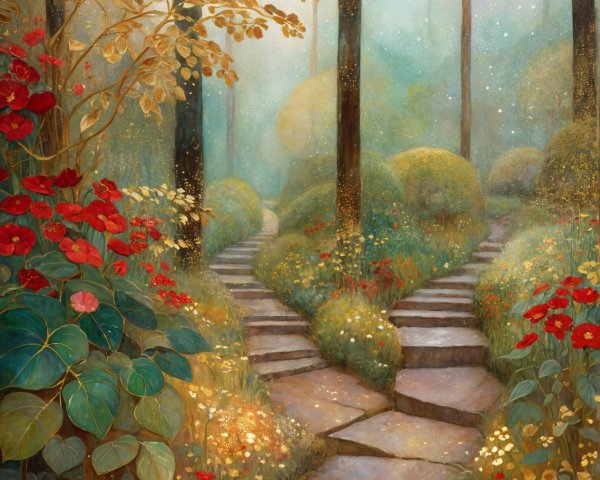 Serene Forest Scene with Stone Pathways and Mist