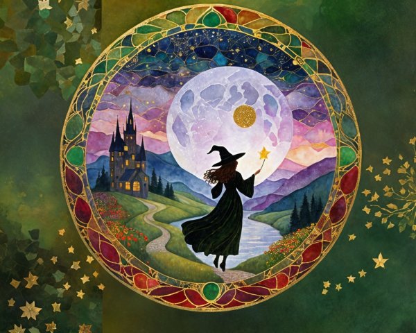 Whimsical Witch Silhouette Against Vibrant Night Sky