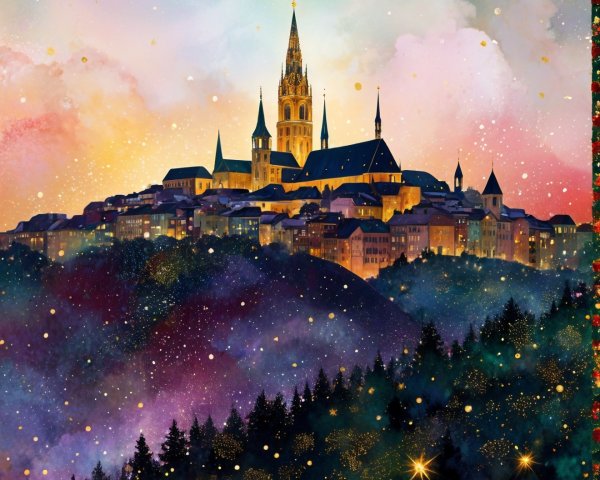 Mystical Castle Surrounded by Vibrant Skies and Forests