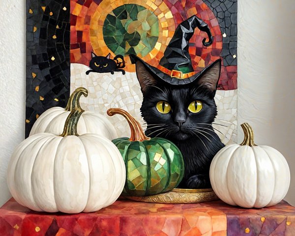 Whimsical Black Cat with Pumpkins and Mosaic Backdrop