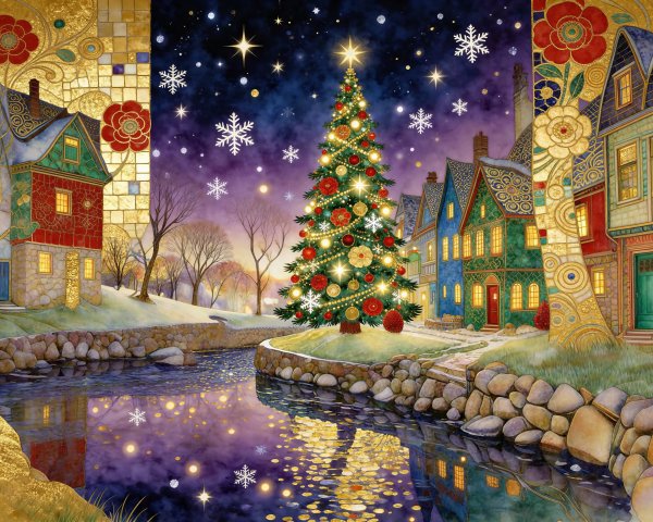 Vibrant Christmas Town Scene with Snow and Lights