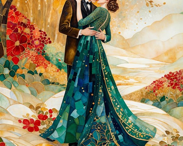 Romantic Embrace Amidst Autumn Landscape and Flowers