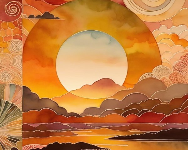 Vibrant Sunset Scene with Abstract Patterns and Shapes