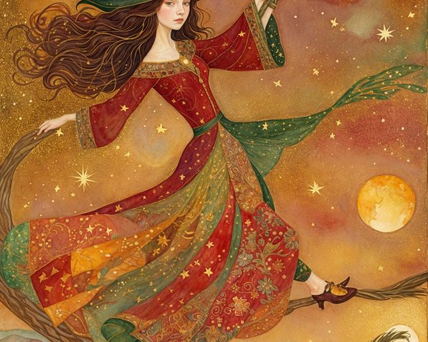 Whimsical Witch Flying in Starry Twilight Sky