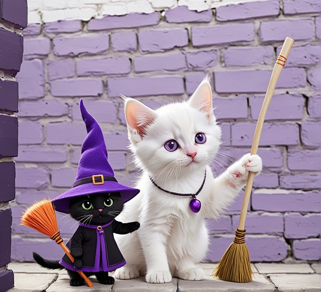 Fluffy Kittens in Witch Hats Against Lavender Walls