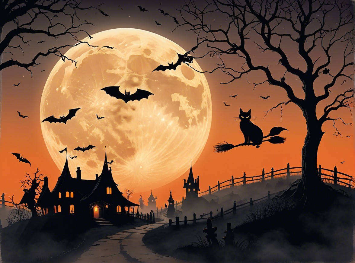 Spooky Halloween Scene with Full Moon and Haunted House
