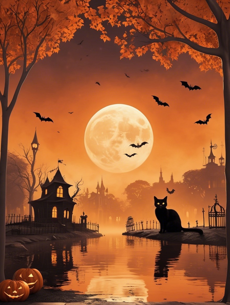 Moonlit Night with Autumn Trees and Black Cat