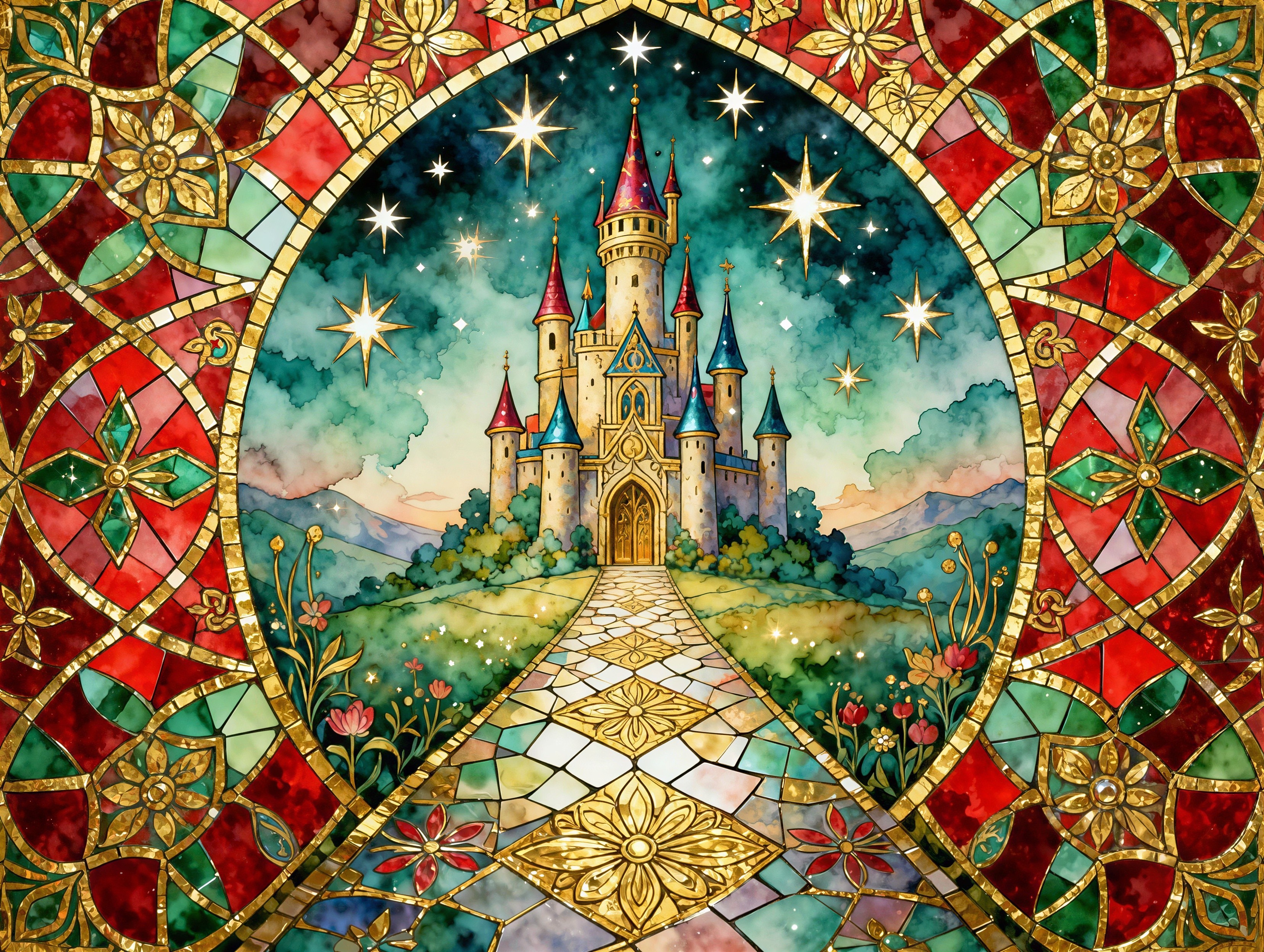 Vibrant Stained Glass Mosaic of a Fairytale Kingdom