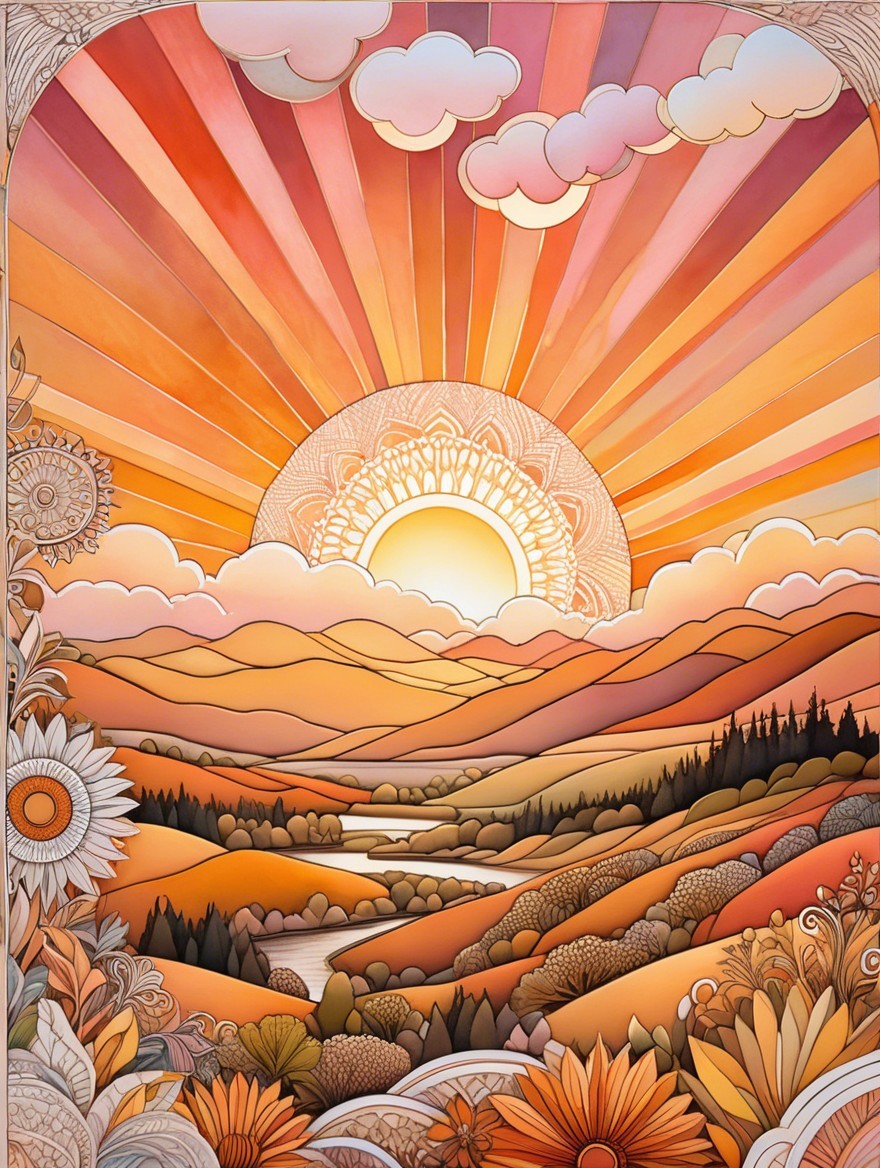 Vibrant Sunset Over Rolling Hills and Serene River