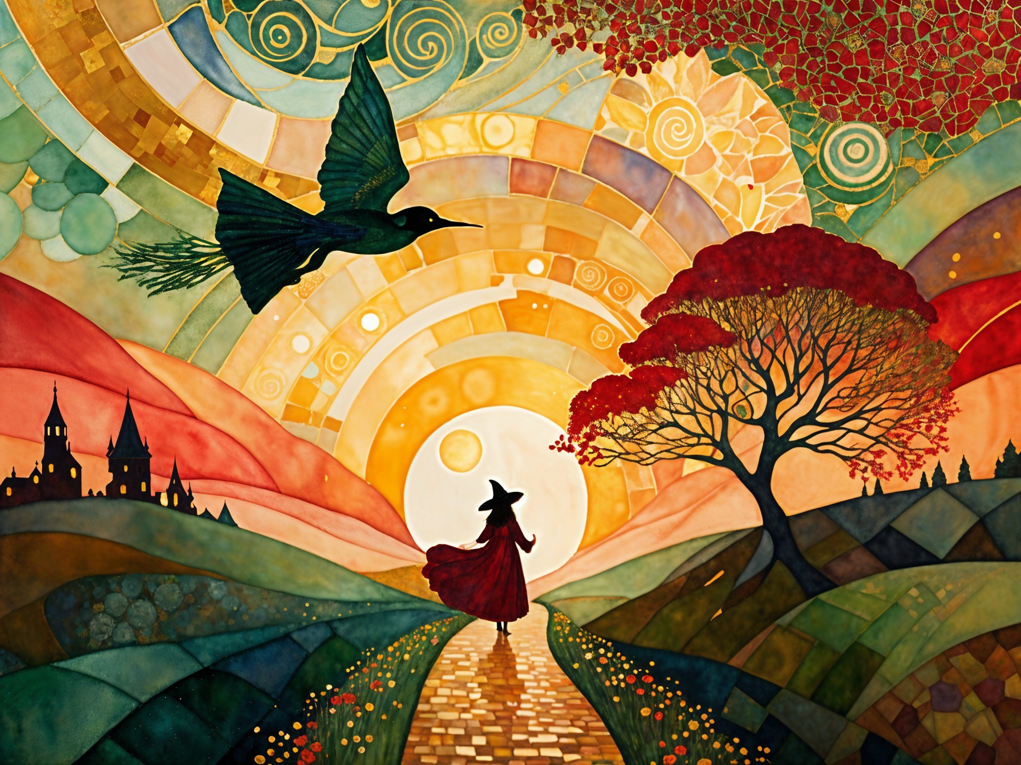 Colorful Landscape with Path, Sun, and Silhouetted Figure