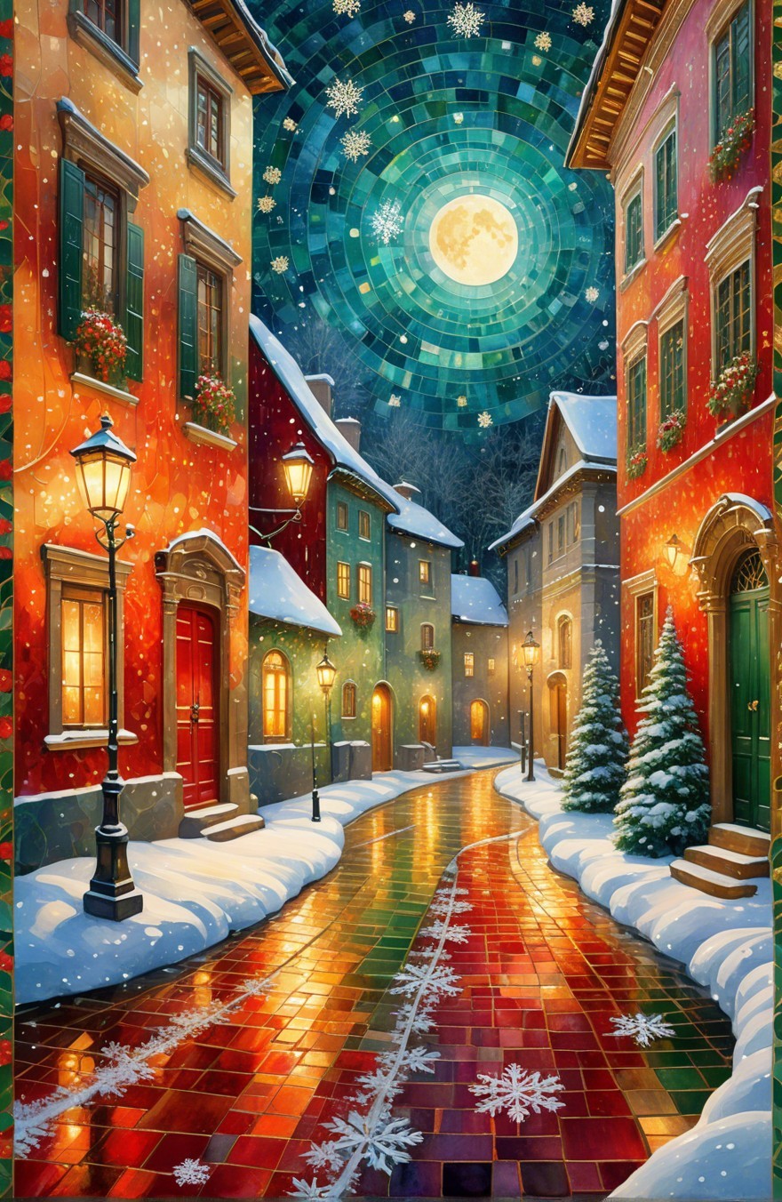 Colorful Winter Scene with Snow-Covered Street