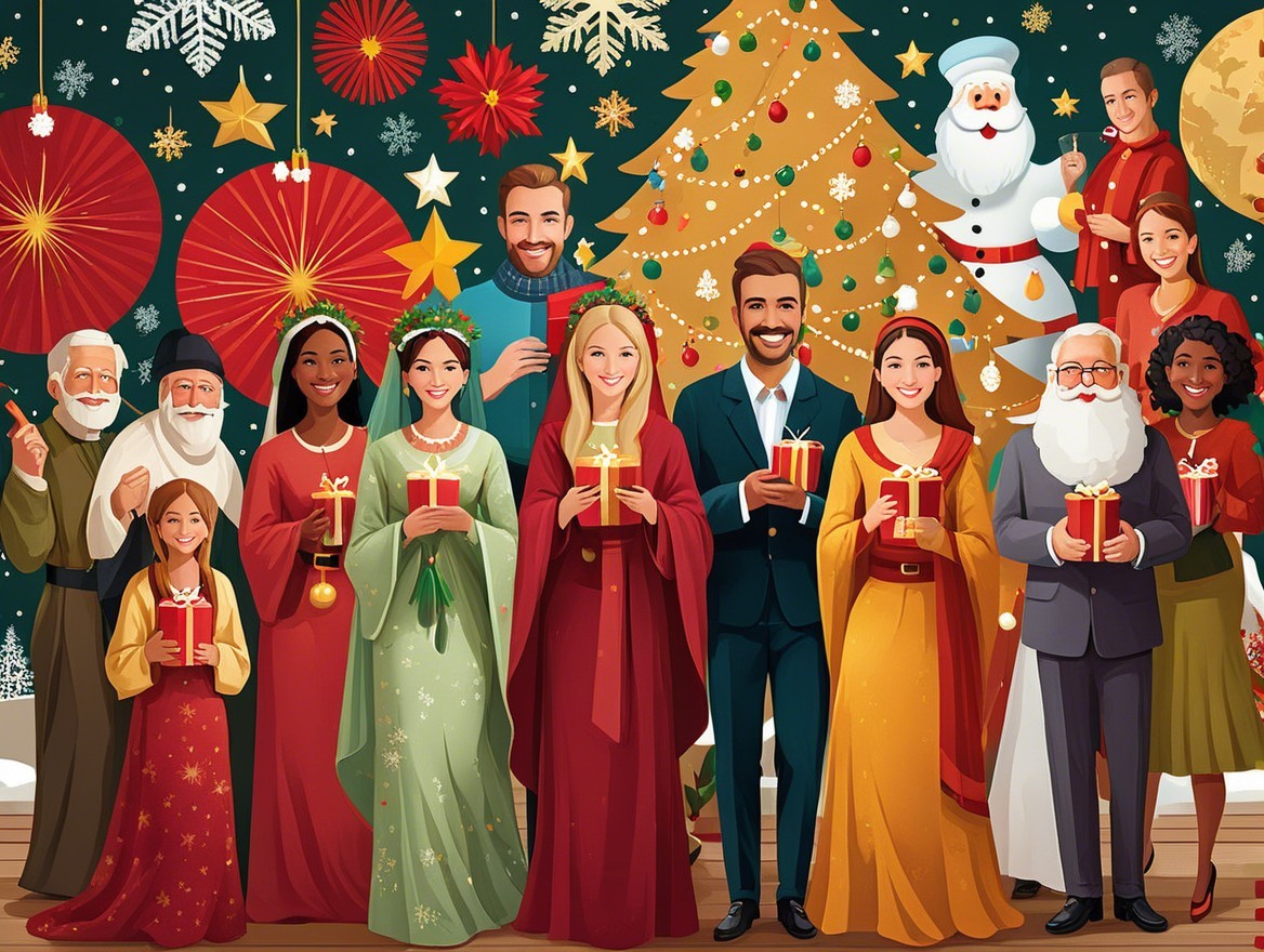 Diverse Group Celebrates Christmas with Gifts and Decor