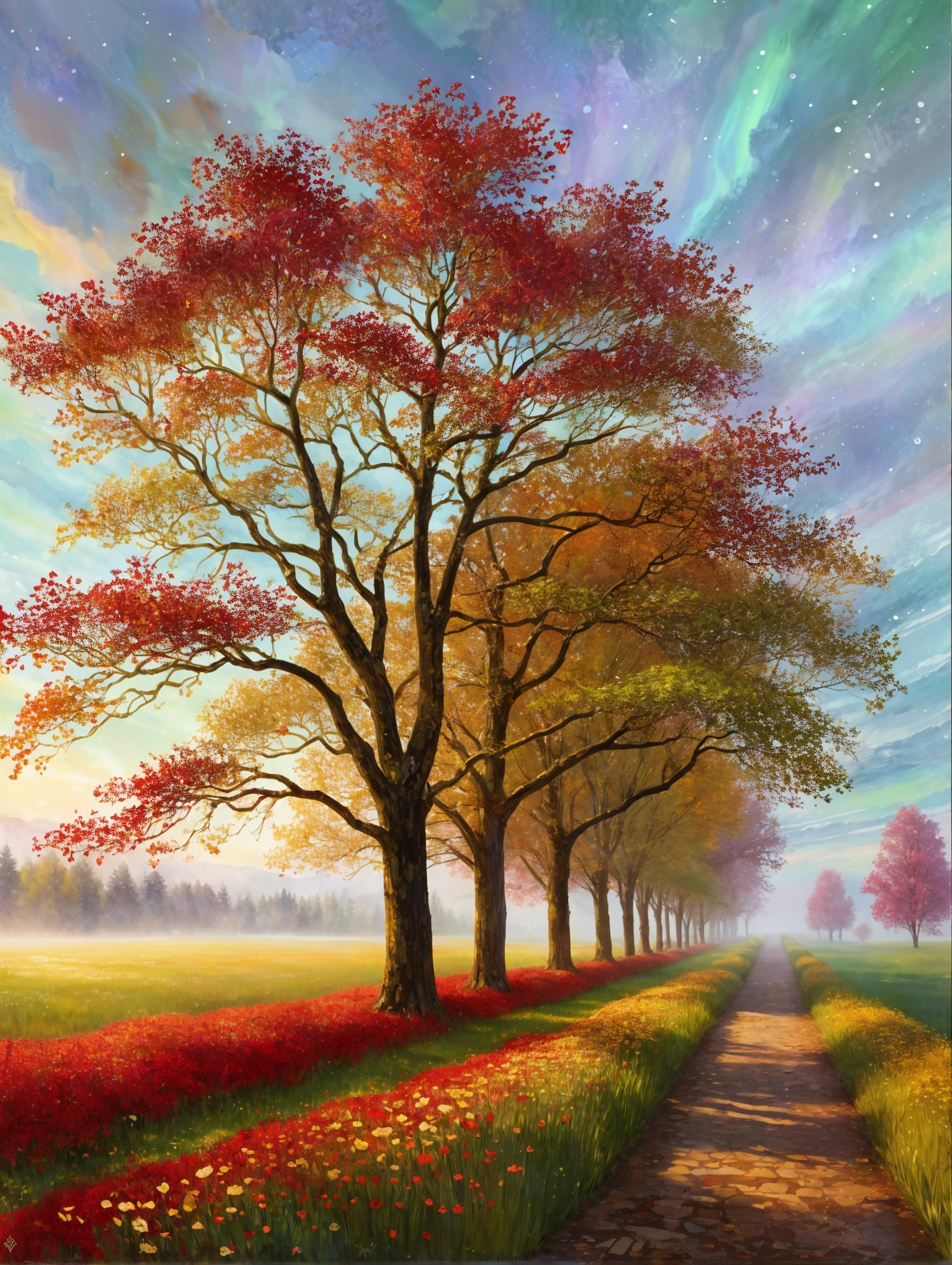 Autumn Landscape with Trees, Flowers, and Dreamy Sky
