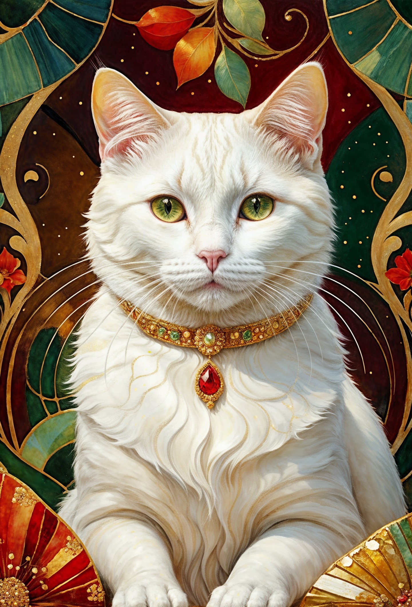 Regal White Cat with Green Eyes and Gold Collar