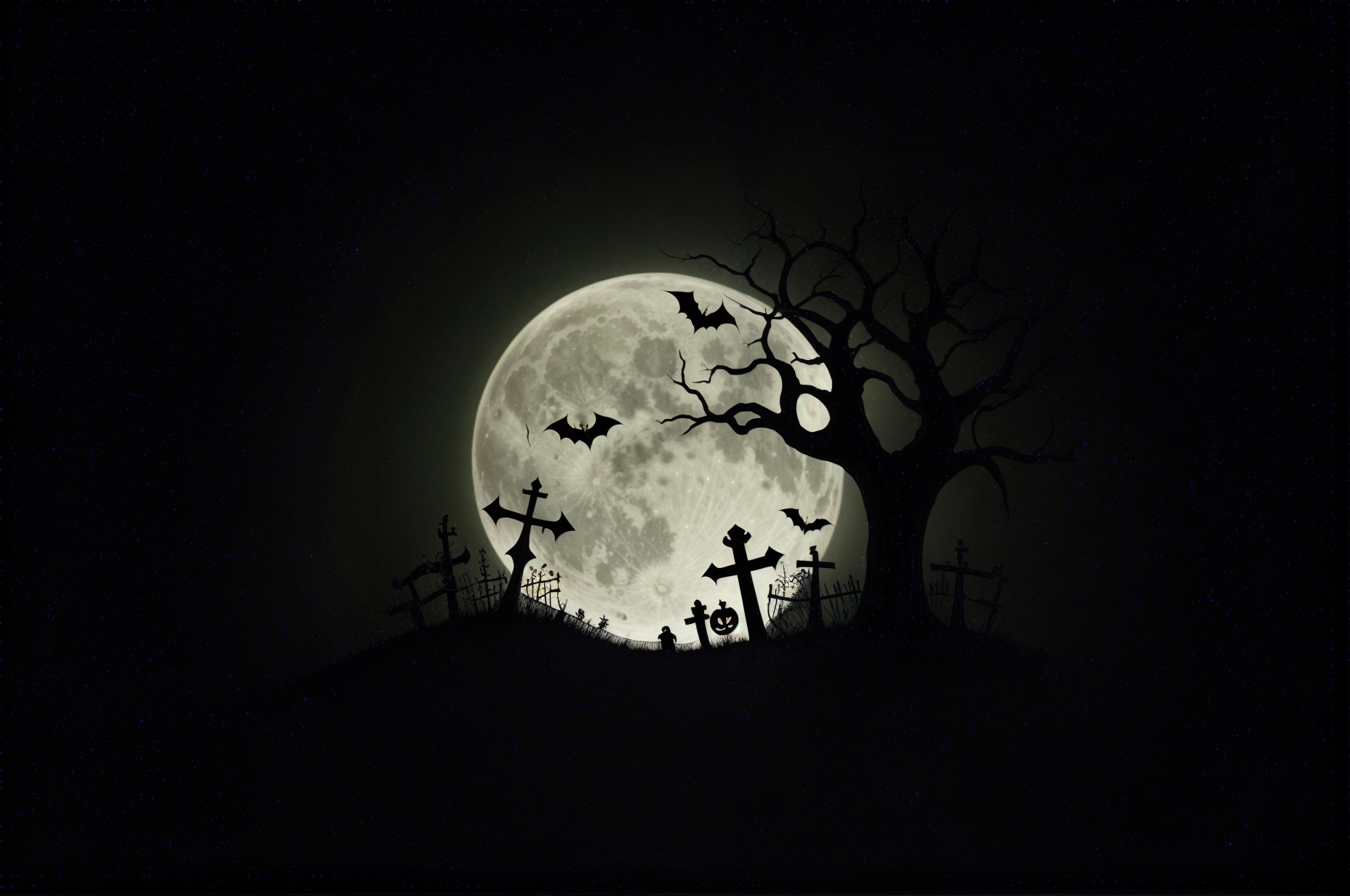 Full Moon Over Eerie Graveyard with Silhouetted Tombstones