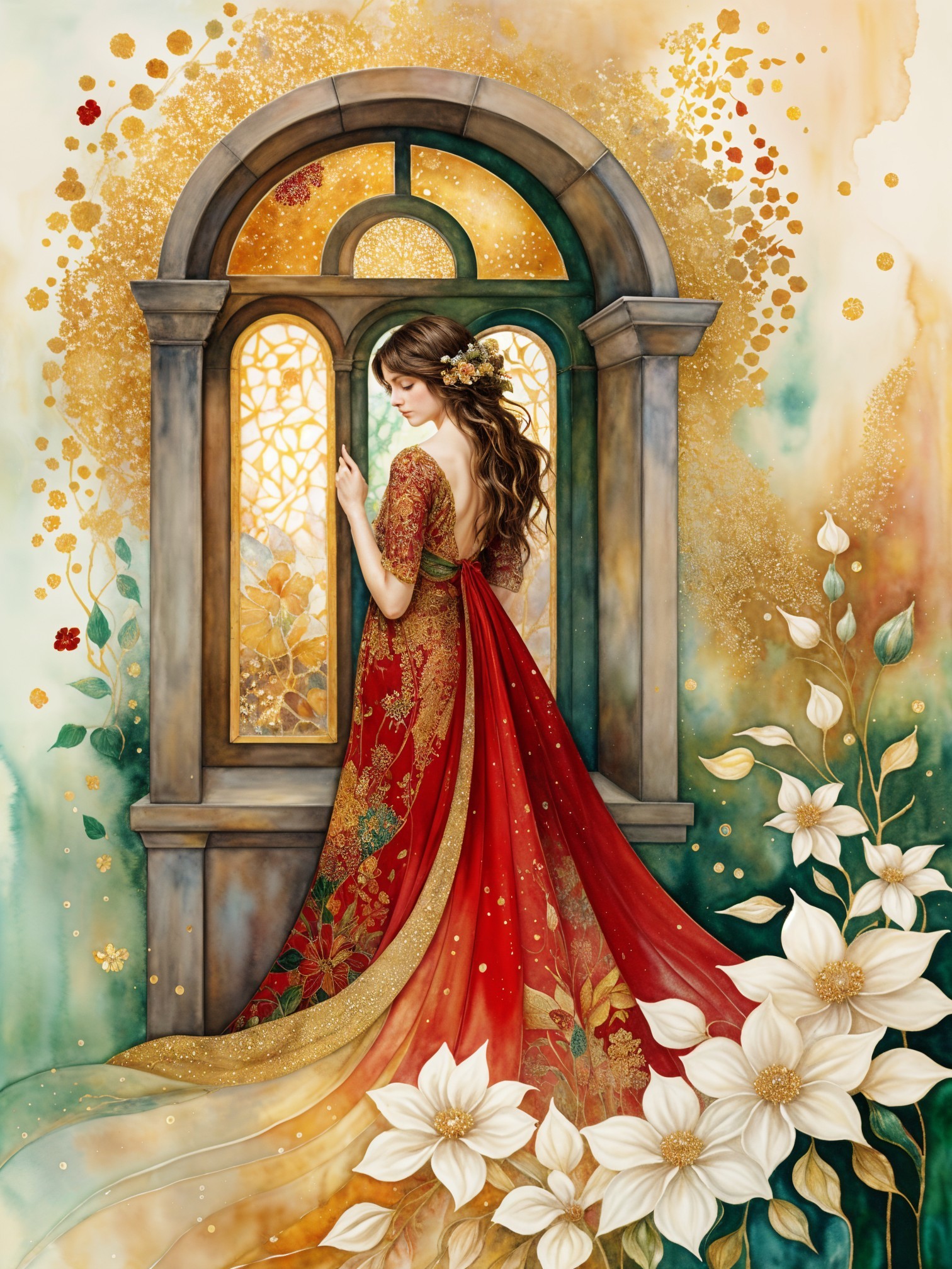 Elegant Woman in Red and Gold Gown by Ornate Window