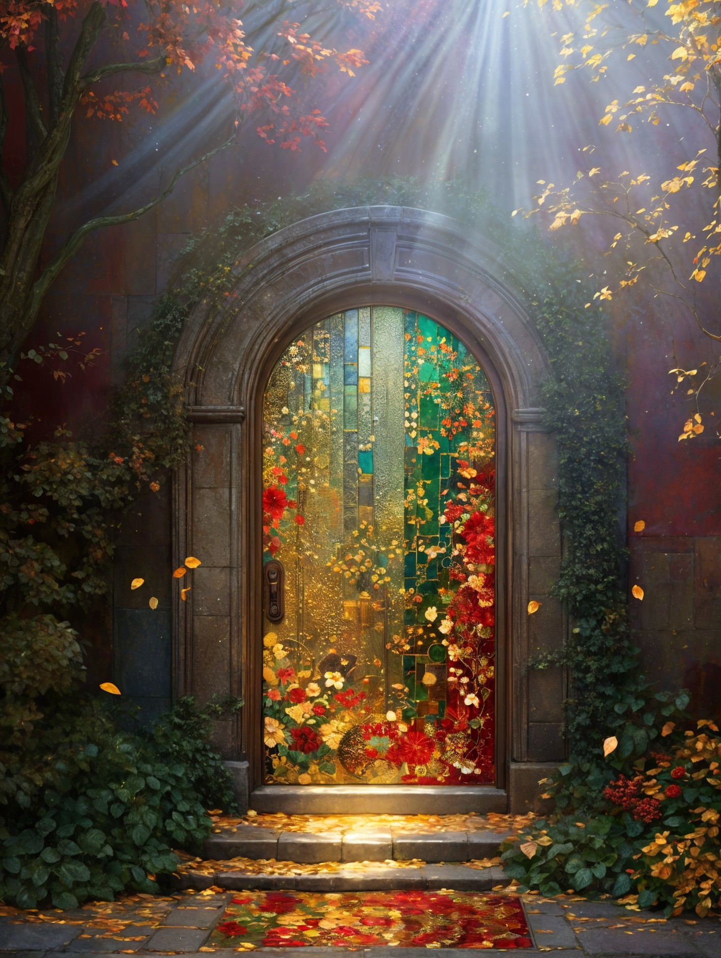 Radiant Stained Glass Door in Autumn Light