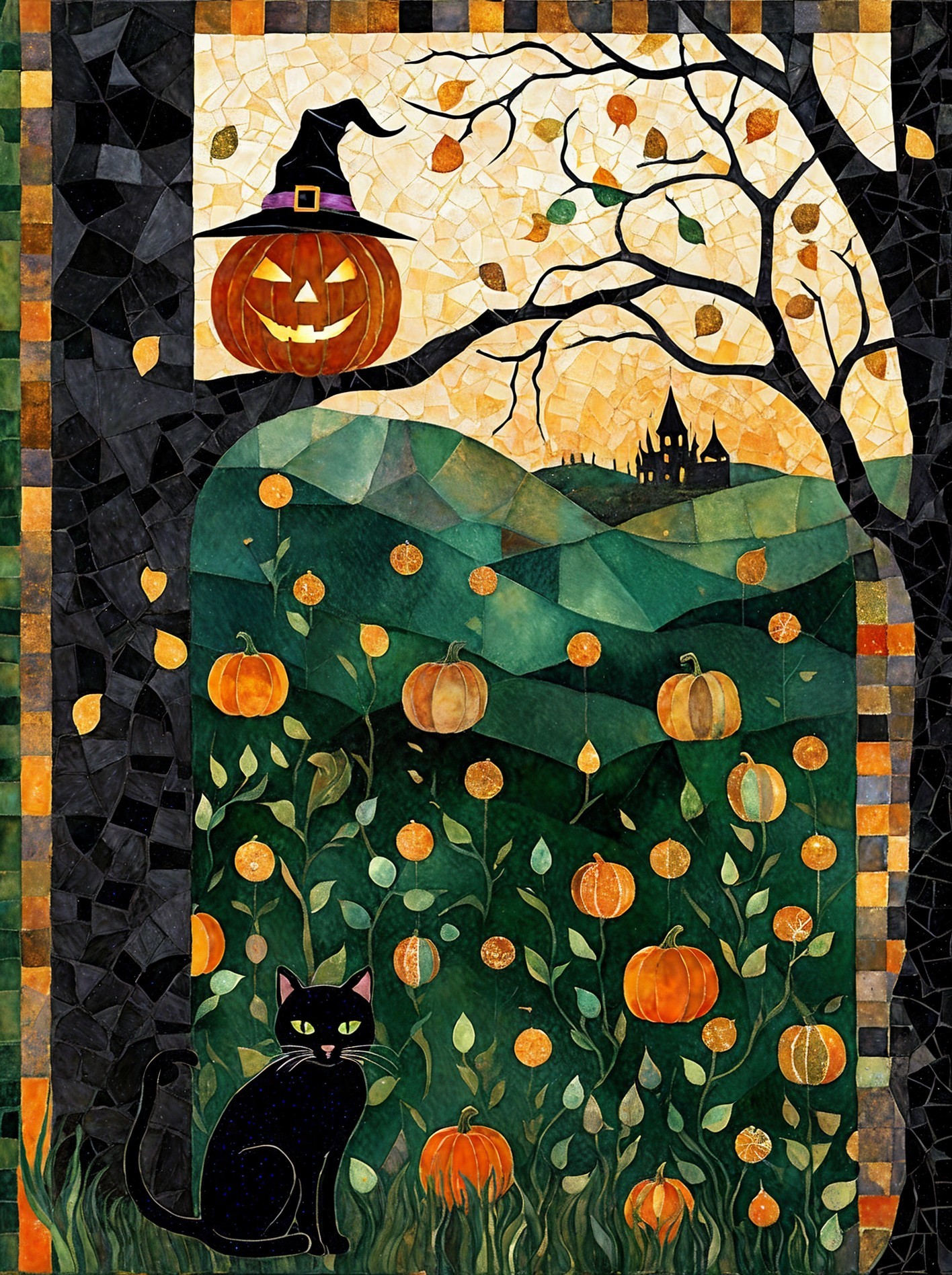 Whimsical Fall Scene with Cat, Pumpkins, and Castle
