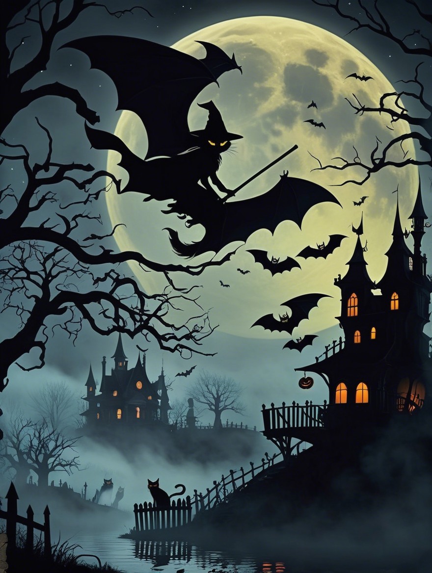 Haunted Mansion Under Full Moon with Witch and Bats