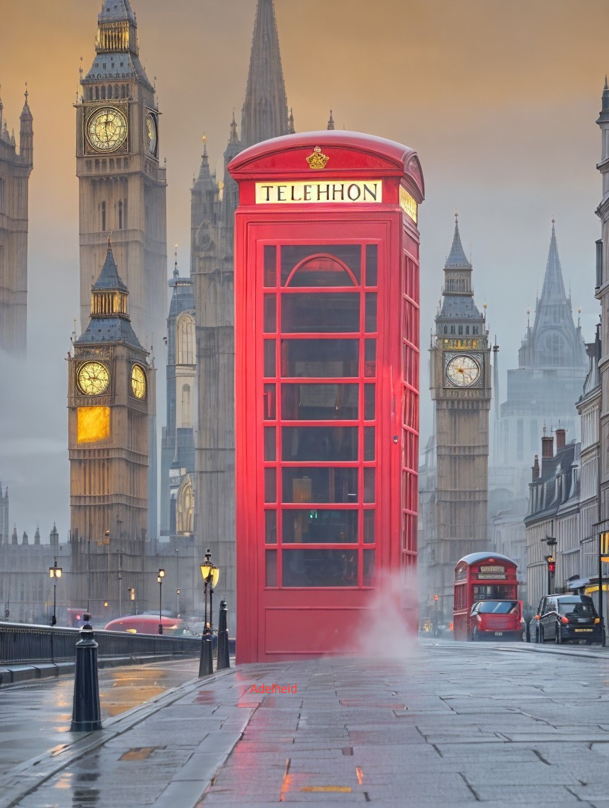 Red Telephone Box on Misty Street with Historic Landmarks