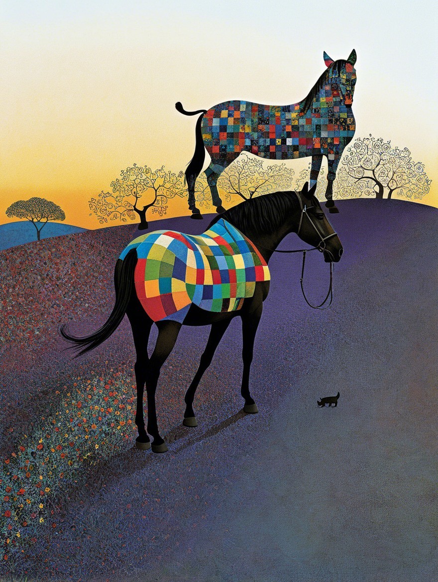 Stylized Horses in Colorful Sunset Landscape