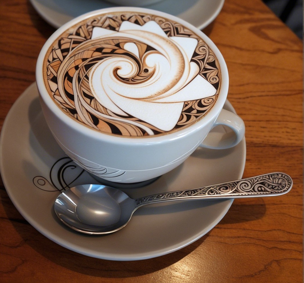 Intricate Latte Art on Coffee in Cozy Café Setting