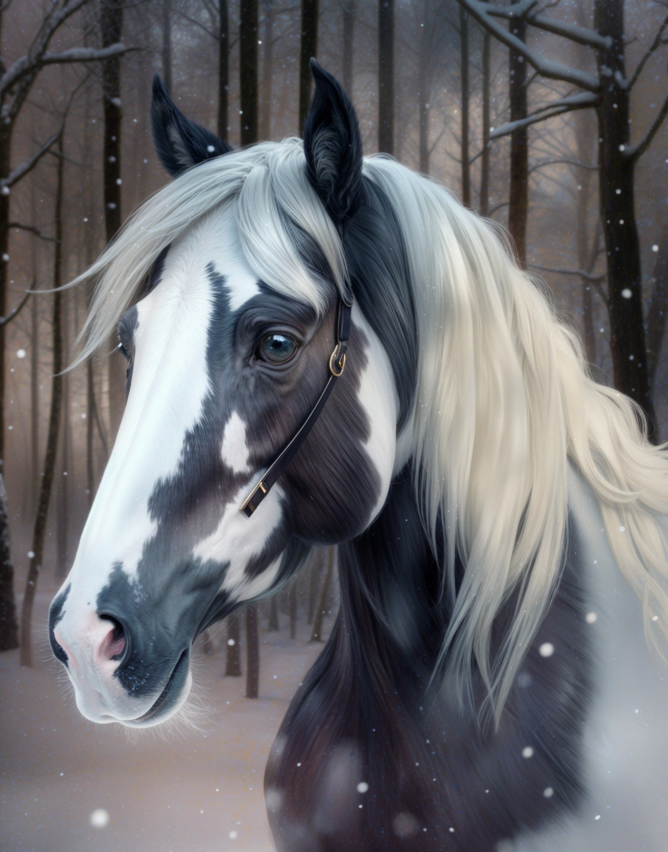 Portrait of a black and white horse in a winter forest