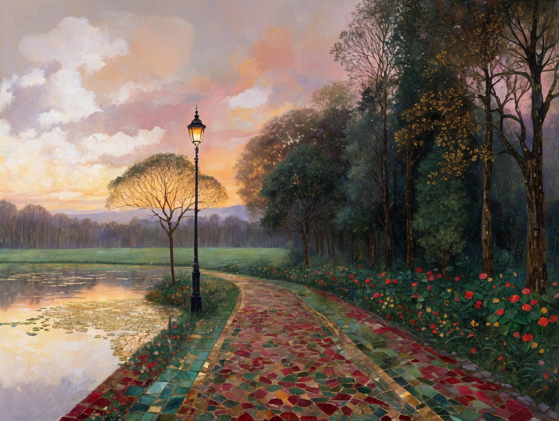 Serene Landscape with Cobblestone Path and Lake