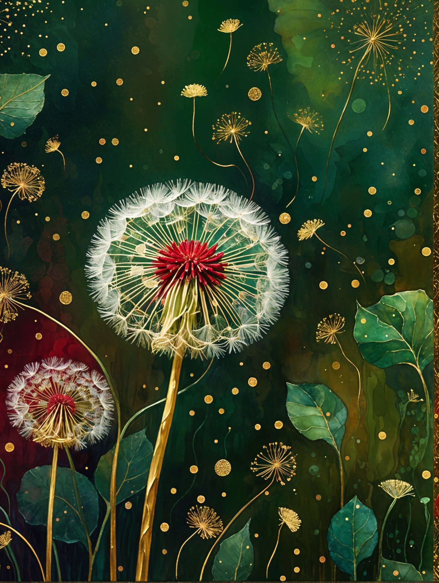 Vibrant Dandelions with Fluffy Seed Heads and Greenery