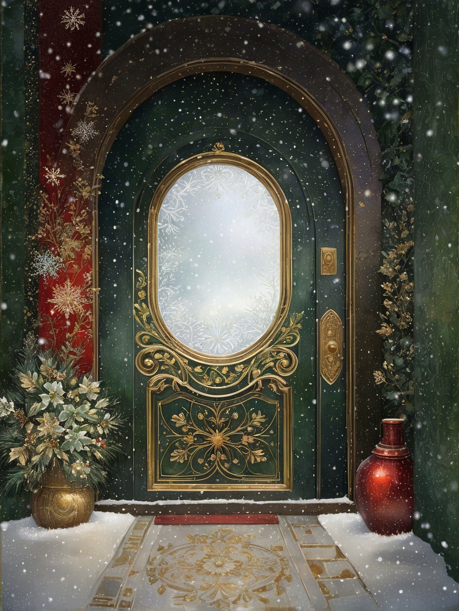Ornate Green Door in a Winter Scene with Snowflakes