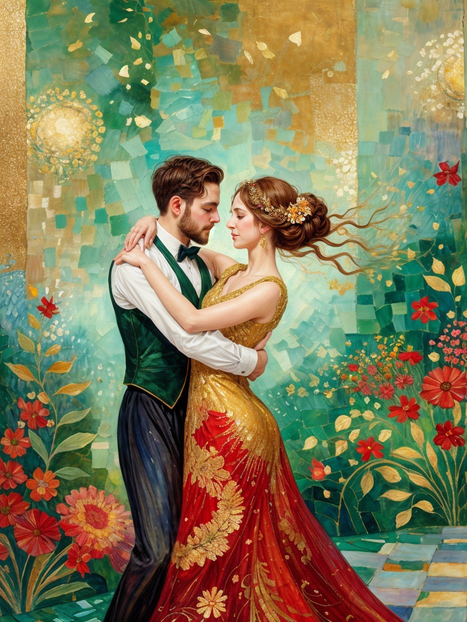 Elegant Dance of a Couple in Vibrant Floral Setting