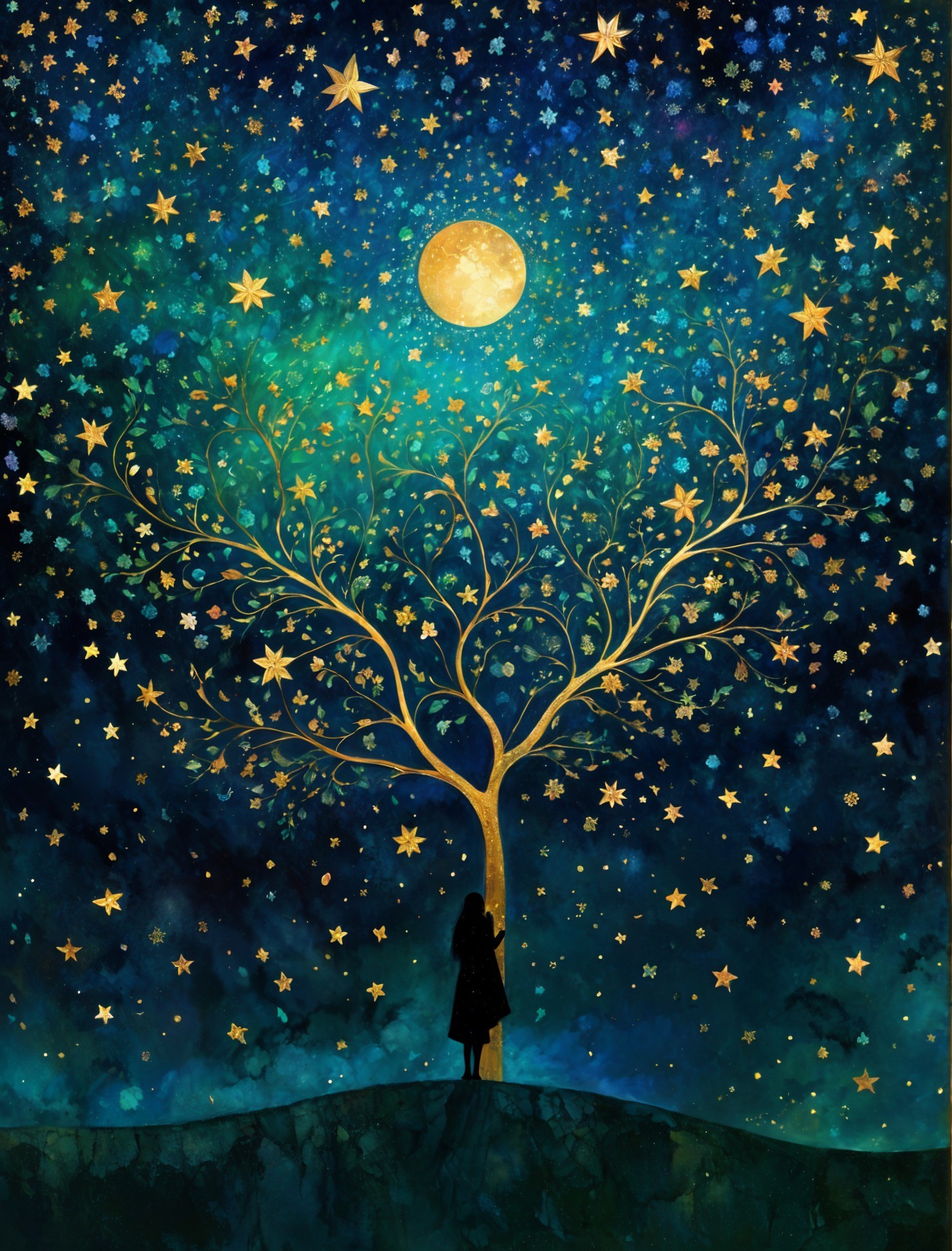 Silhouette by a Gold-Leaved Tree Under Starry Sky