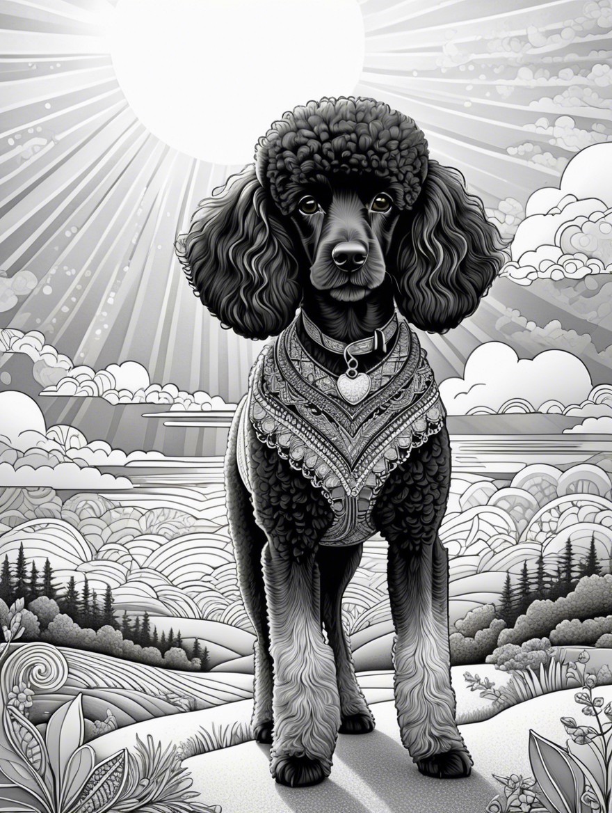 Stylized Black Poodle with Decorative Harness in Landscape