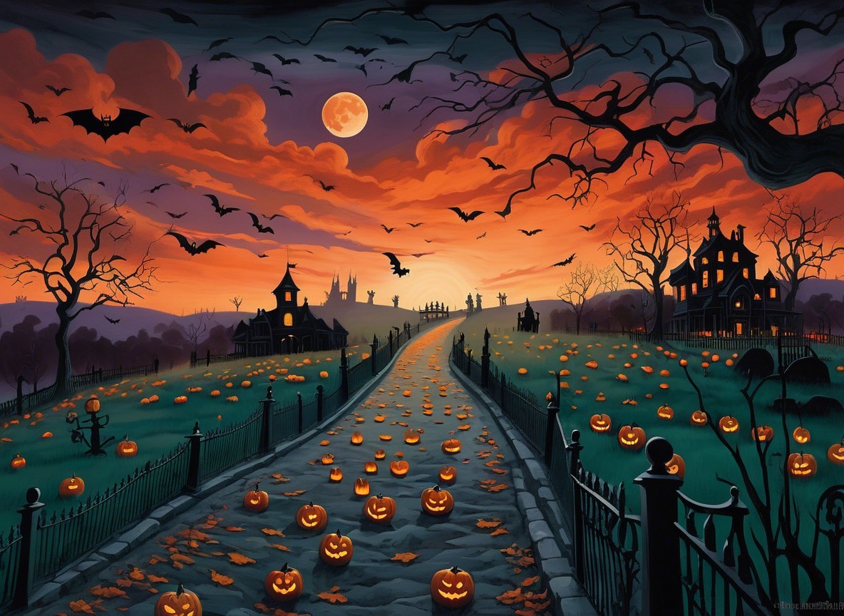 Spooky Dusk Landscape with Jack-o'-Lanterns and Bats