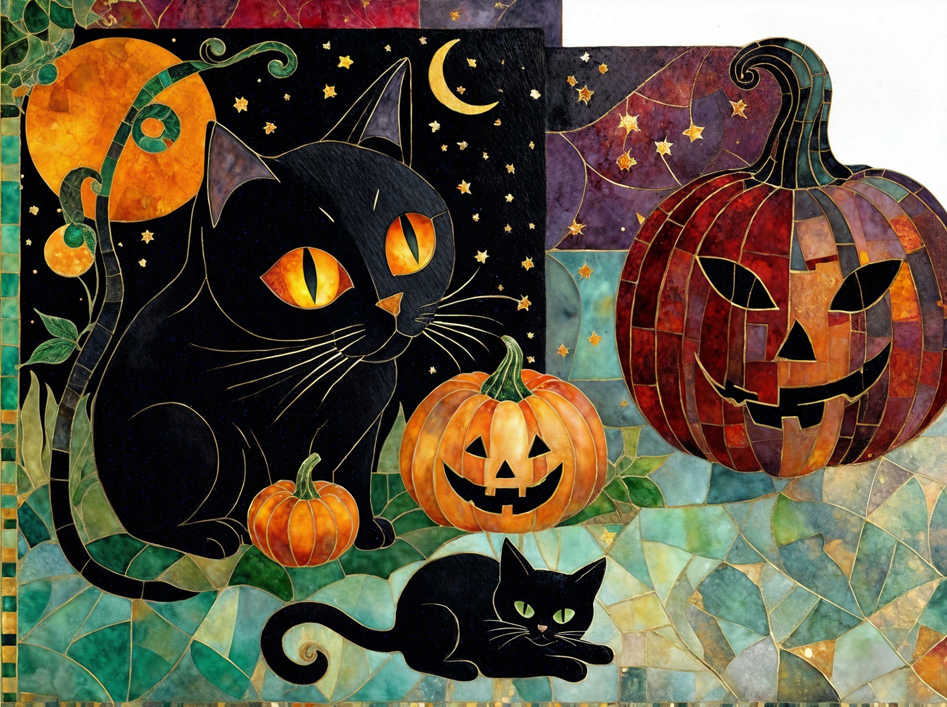Whimsical Halloween Scene with Black Cat and Pumpkins