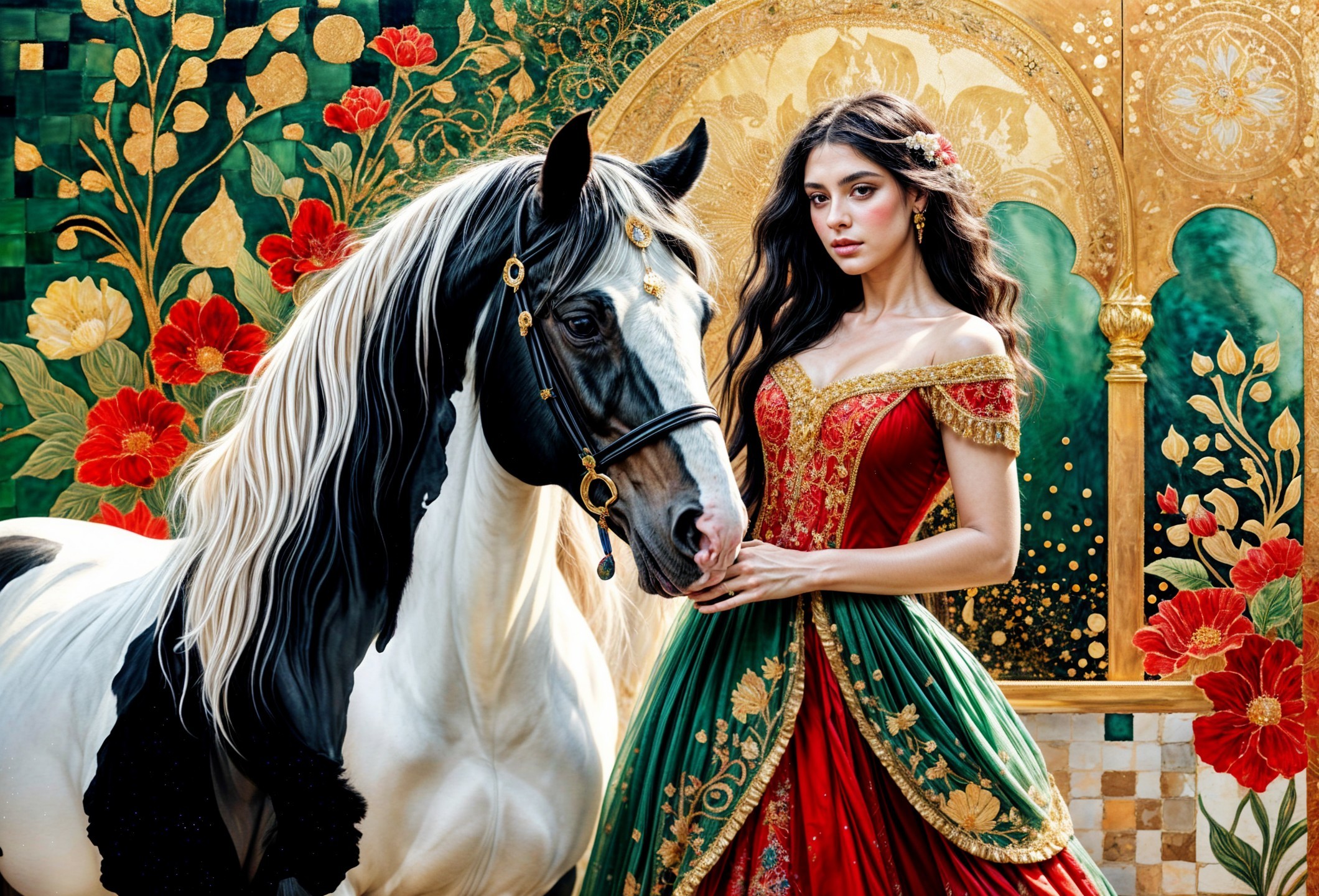 Elegant Woman with Black and White Horse in Floral Setting