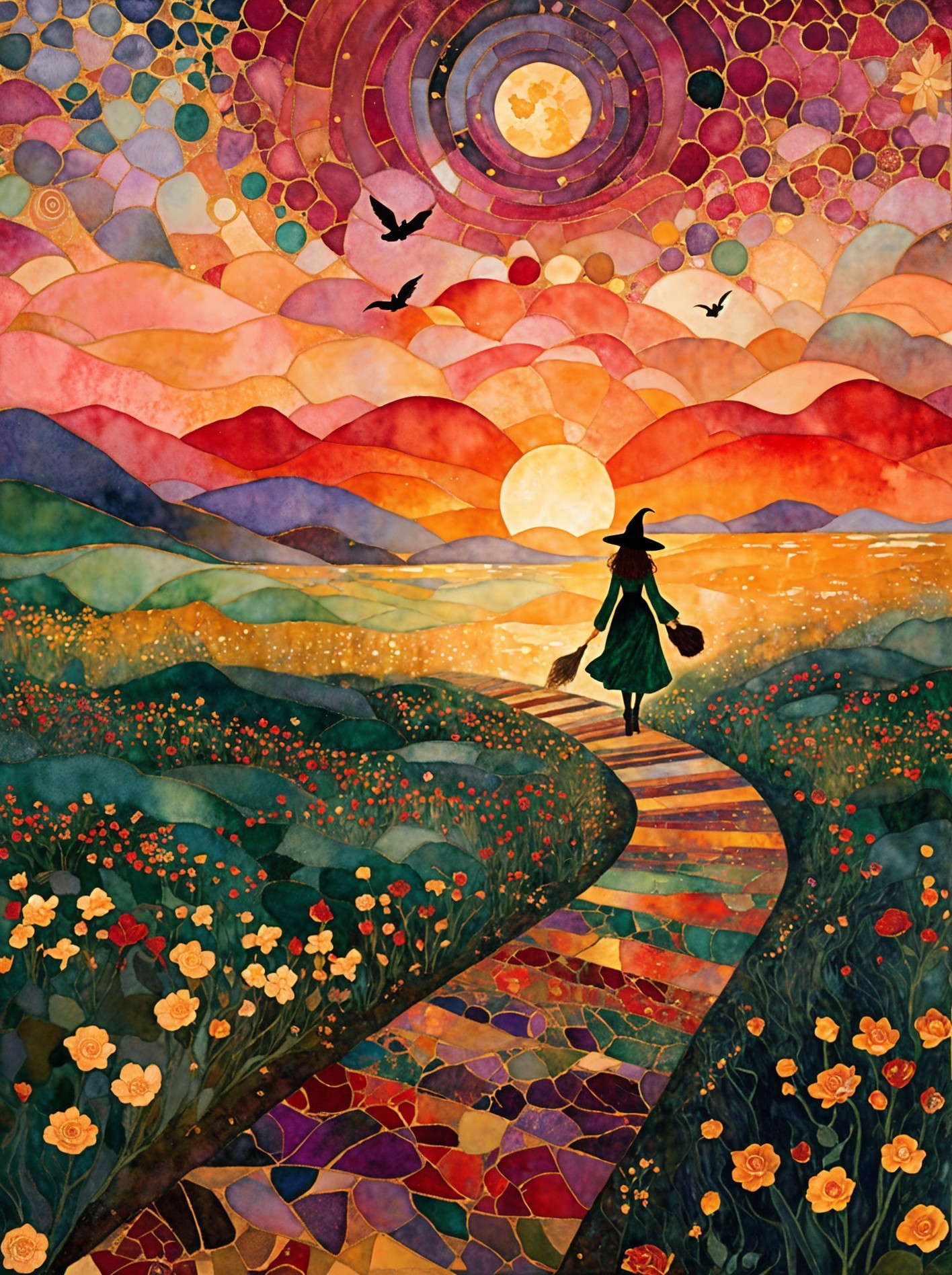 Whimsical Landscape with Sunset and Witch Silhouette