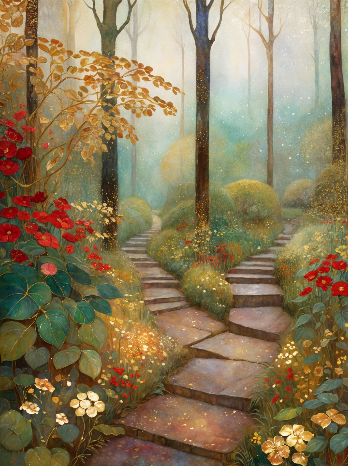 Serene Forest Scene with Stone Pathways and Mist